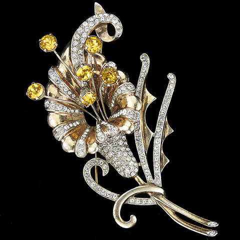 Sterling Gold Pave Swirls and Citrine Chatons Giant Lily Floral Spray Flower Pin