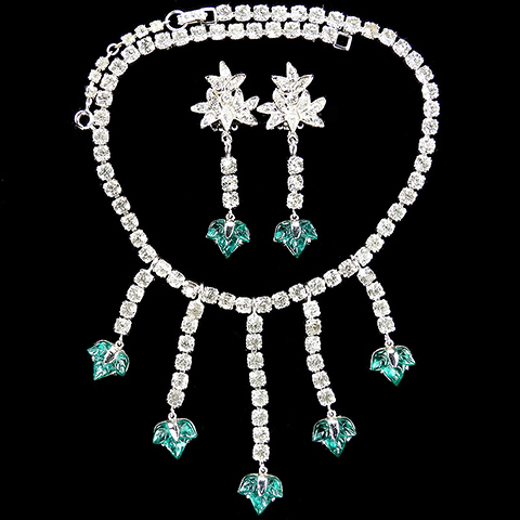 Diamante and Five Pendant Emerald Fruit Salad Leaves Choker Necklace and Pendant Clip Earrings Set