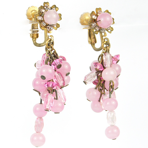 Miriam Haskell Pink Poured Glass Pendant Grapes Clip Earrings