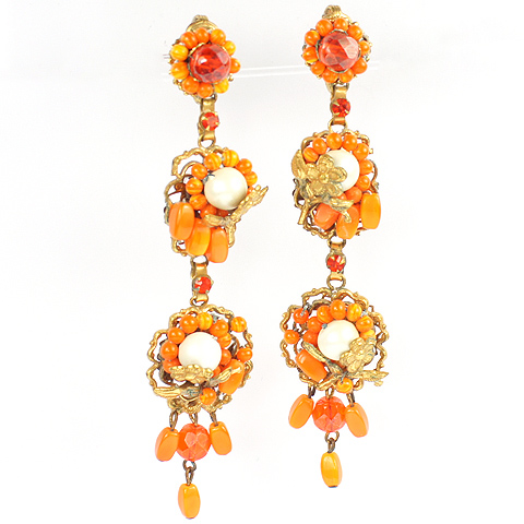 Robert Orange Coral and Pearls Giant Flower Pendant Clip Earrings