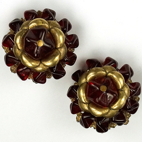 Miriam Haskell Gold and Red Fruitdrop Poured Glass Flower Button Clip Earrings
