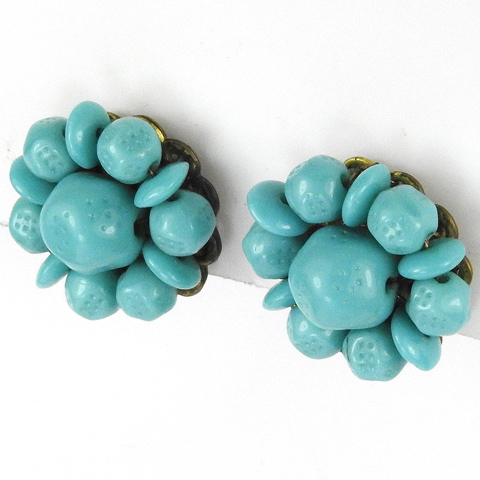 Miriam Haskell Gold and Turquoise Flower Button Clip Earrings