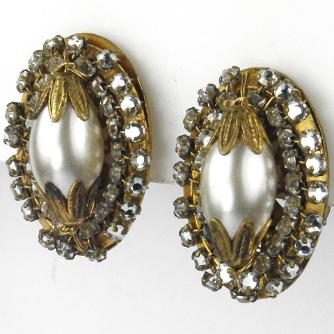 Miriam Haskell Gold Filigree and Oval Pearls Button Clip Earrings