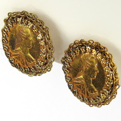 Miriam Haskell Maria Theresia Gold Coins Clip Earrings