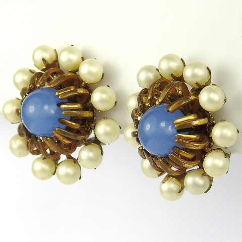 Miriam Haskell Blue Moonstone and Pearls Gold Starburst Clip Earrings