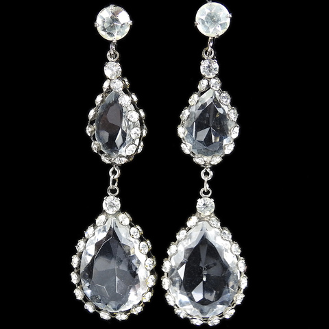 Miriam Haskell (unsigned) Pave Set Double Crystal Teardrops Pendant Clip Earrings
