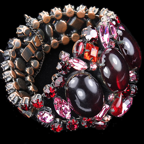 Original by Robert Ruby Garnet and Pink Topaz Multiple Shapes and Giant Oval Cabochons Wide Gemset Bracelet