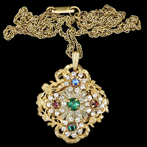 Miriam Haskell Gold Filigree Pave and Multicolour Stones Flower Garland Pendant Necklace