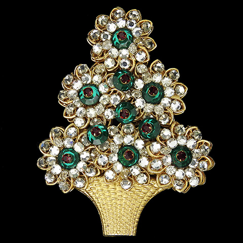 Miriam Haskell Gold Filigree Diamante Flowers with Emerald and Ruby Shoebutton Centres Christmas Tree Flower Basket Pin
