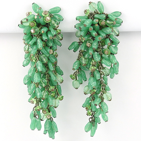 Miriam Haskell Giant Multiple Green Poured Glass Pendants Chandelier Clip Earrings