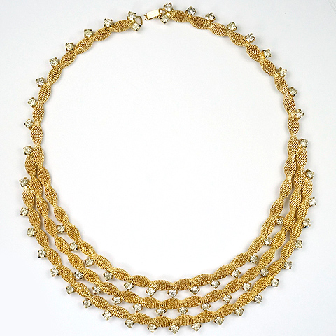 Hattie Carnegie Golden Basketweave and Spangles Triple Stranded Necklace