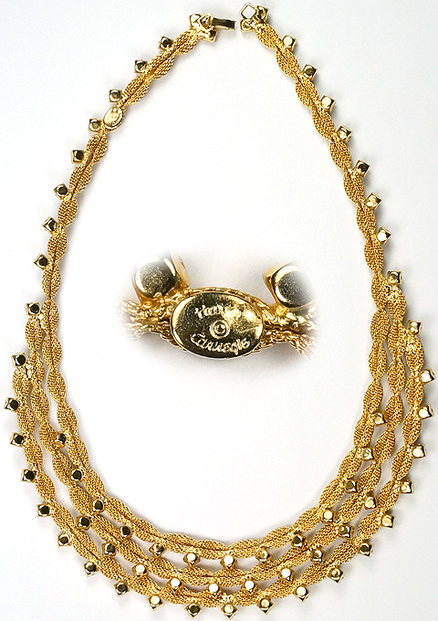 Hattie Carnegie Golden Basketweave and Spangles Triple Stranded Necklace