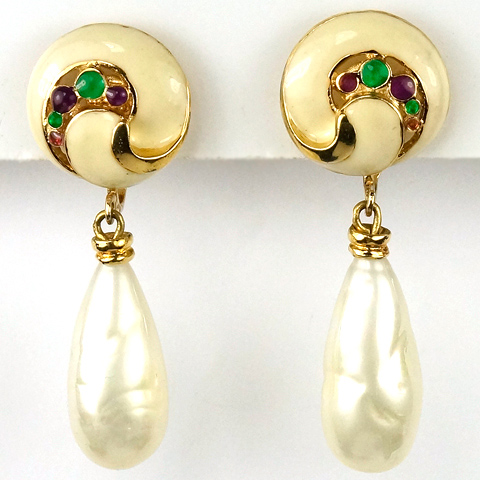 Hattie Carnegie Baroque Pearls and Mother of Pearl Seashell Swirls Pendant Clip Earrings