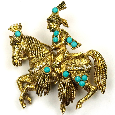 Hattie Carnegie Gold and Turquoise Mongolian Rider on Horseback Pin