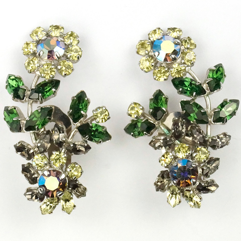 Alice Caviness (unsigned) Citrine Topaz Emerald Aurora Borealis and Black Diamond Flower Clip Earrings