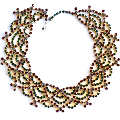 Hattie Carnegie Emerald Ruby and Black Diamond Collar Gold Tracery Necklace