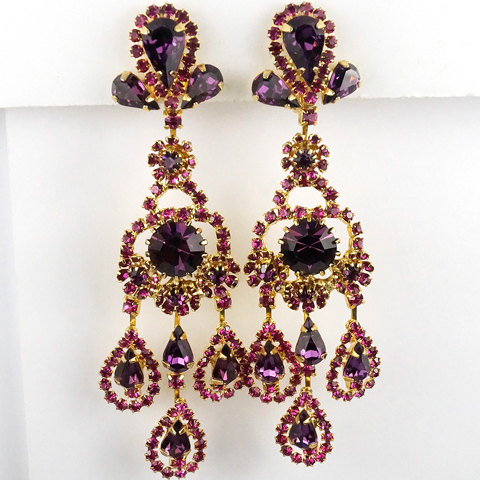 Hattie Carnegie (unsigned) Giant Gold Amethyst and Fuchsia Pendant Clip Earrings