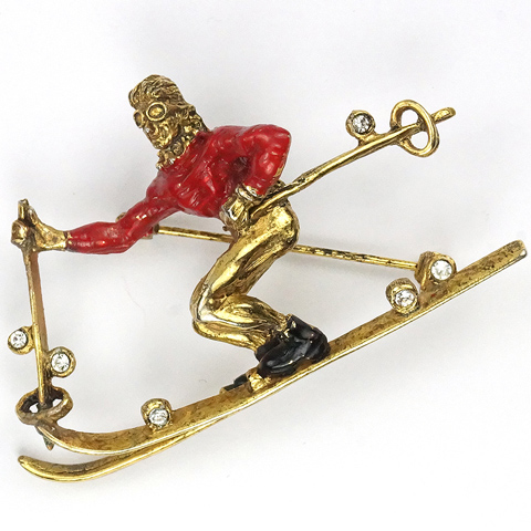 Hattie Carnegie Gold and Enamel Downhill Racing Skier with Goggles Pin