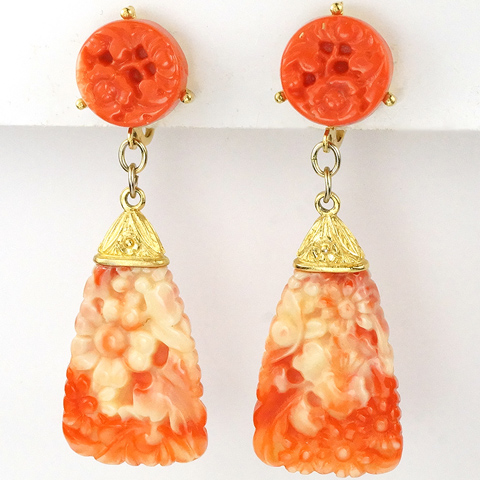 Hattie Carnegie (unsigned) Gold and Carved Coral Pendant Clip Earrings