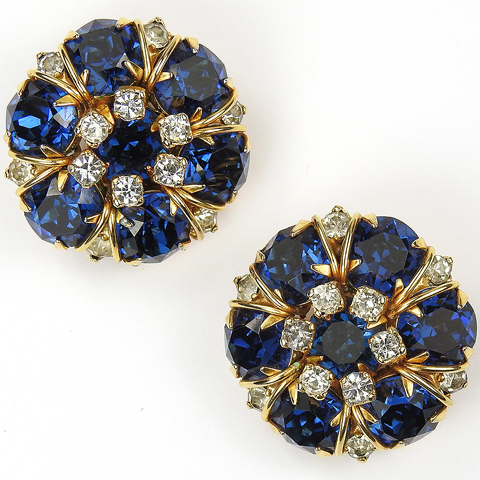 Hattie Carnegie 'Jewels of Fantasy' Gold, Sapphire and Diamante Floral Button Clip Earrings