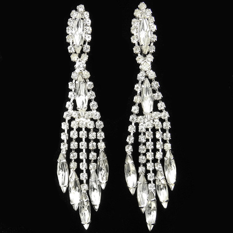 Hattie Carnegie (unsigned) Diamante Navettes Five Element Pendant Cascade Clip Earrings