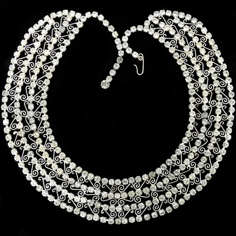 Hattie Carnegie Diamante and Silver Scrolls Four Layer Wide Collar Necklace