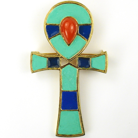 Hattie Carnegie Egyptian Revival Turquoise Lapis and Carnelian Ankh (Cross) Pin or Pendant