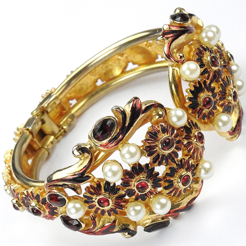 Hattie Carnegie Pearls Rubies and Metallic Enamel Gold Scrolls Sprung Bangle Bracelet