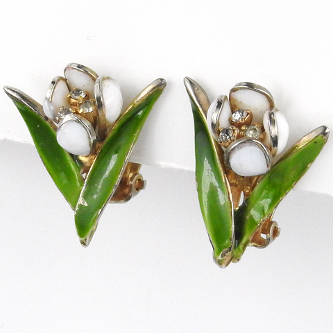 Hattie Carnegie Gold Enamel and Poured Glass Tulip Flower Clip Earrings