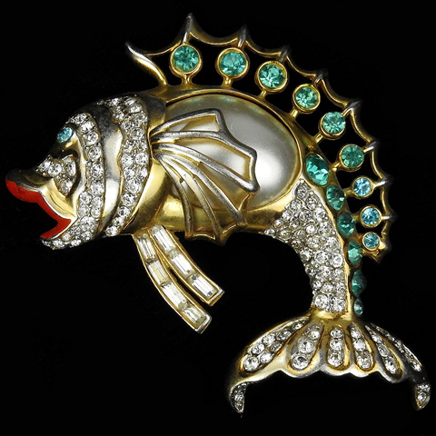 Hattie Carnegie Gold Pave Aquamarine and Enamel Pearl Belly Leaping Fish Pin 