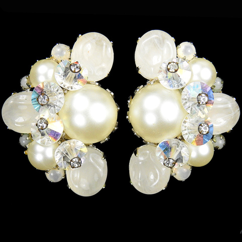 Alice Caviness Aurora Borealis and Pearls Cluster Clip Earrings
