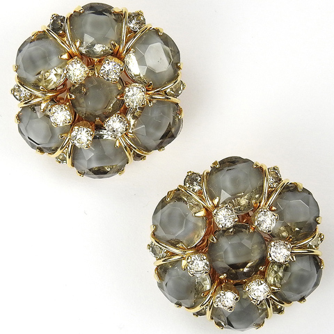 Hattie Carnegie 'Jewels of Fantasy' 'Jeweled Smoke' Gold, Grey Moonstone and Diamante Spangles Floral Button Clip Earrings