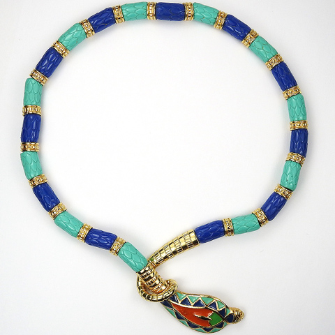 Hattie Carnegie Egyptian Revival Gold Lapis and Turquoise Asp Snake Necklace