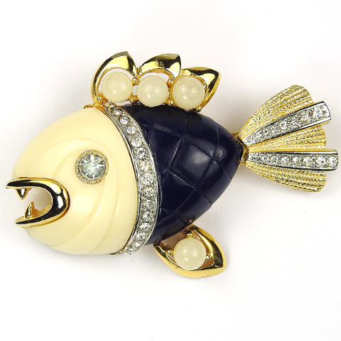 Hattie Carnegie Gold Lapis and Faux Ivory Piranha Fish Pin