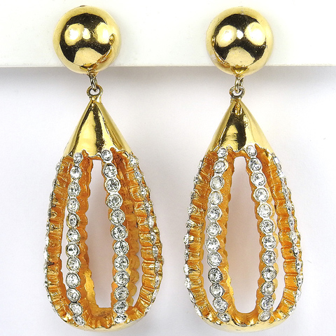 KJL Gold and Pave Openwork Lanterns Pendant Clip Earrings