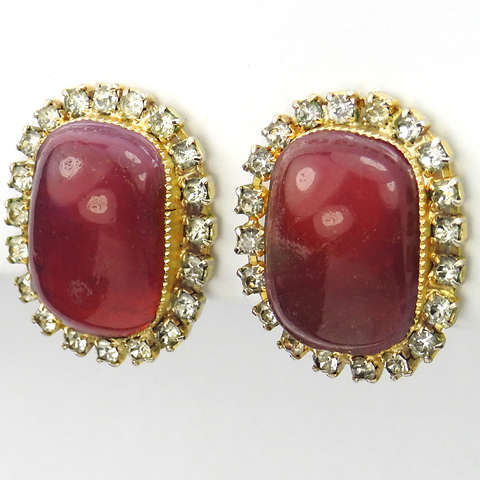 Hattie Carnegie Gold Pave and Pink Poured Glass Clip Earrings