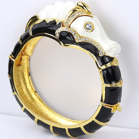 KJL White and Black Enamel Seahorse or Dragon's Head Bangle Bracelet