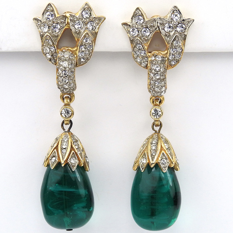 Vintage KJL Gold and Pave Flowers and Teardrop Emeralds Pendant Clip Earrings