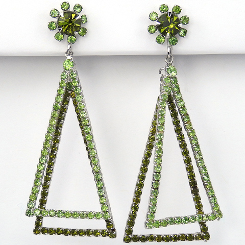 Vintage KJL (unsigned) Light and Dark Peridot Double Pendant Triangles Clip Earrings