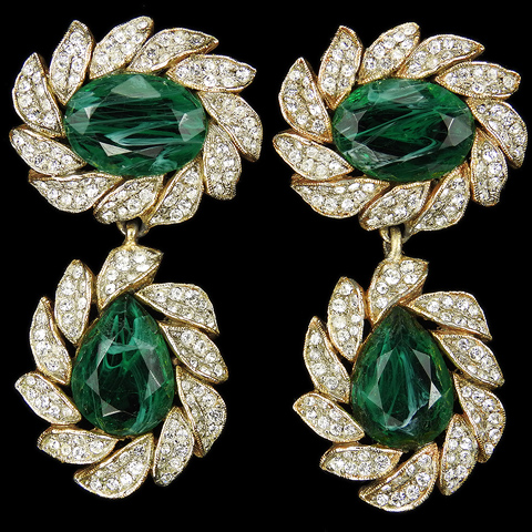 Vintage KJL Pave Oval Leaves and Pendant Teardrop Emeralds Clip Earrings