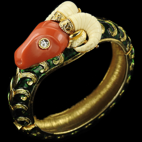 Hattie Carnegie Gold Pave Coral and Ivory Green Enamel Ram's Head Bangle Bracelet