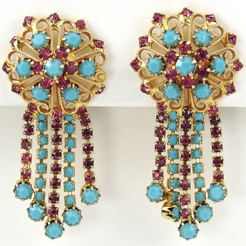 Hattie Carnegie Gold Fuchsia and Turquoise Filigree Circles with Five Pendants Clip Earrings