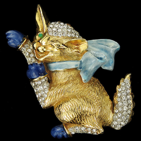 Vintage KJL Gold and Pave Winking Cat with Blue Booties and Bow Pin