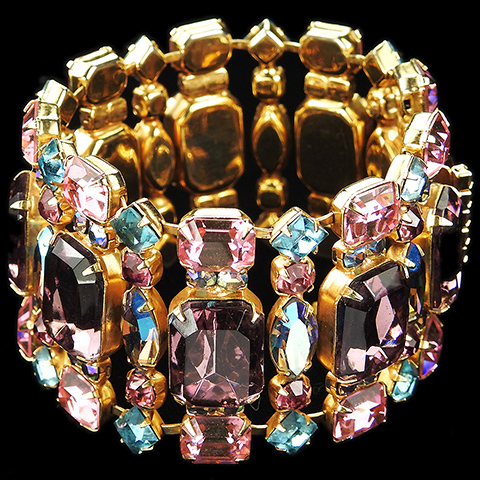 Hattie Carnegie Gold Aurora Borealis Amethyst Pink and Blue Topaz Gems Articulated Bracelet