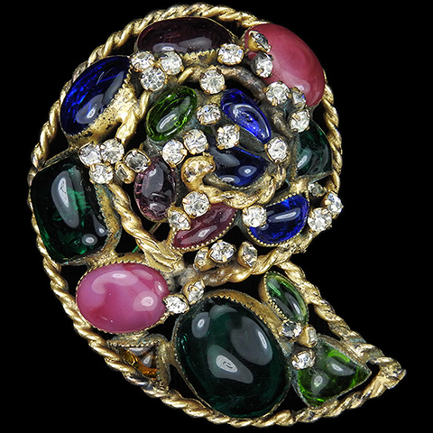 Hattie Carnegie Gold Diamante Spangles and Multicoloured Poured Glass Spiral Seashell Pin 