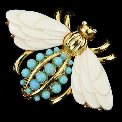 Hattie Carnegie Gold Turquoise Cabochons and Faux Ivory Wings Bee or Bug Pin