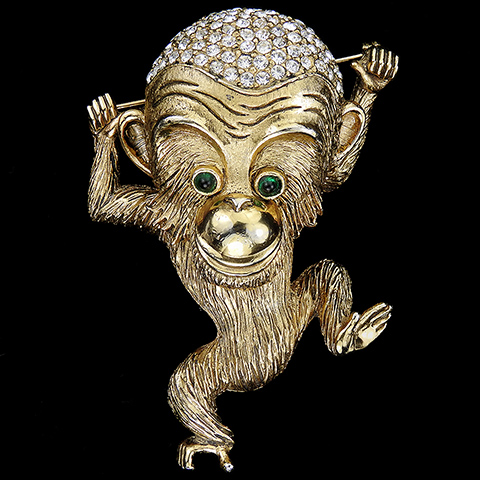 Hattie Carnegie Gold and Pave Swinging Chimp or Monkey Pin