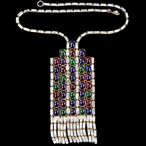 Vintage KJL Baguettes and Multicolour Fruitdrop Cabochons Deco Style Tasseled Fringe Cravat Necklace