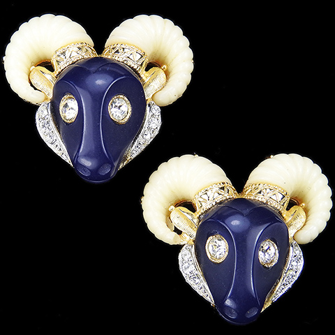 Hattie Carnegie Gold Pave Lapis and Ivory Ram's Head Clip Earrings