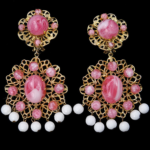 Vintage KJL Gold Filigree Pink Quartz Cabochons and Faceted Ivory Spheres Pendant Clip Earrings